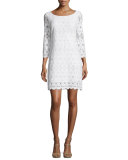 3/4-Sleeve Round-Neck Dress, Optic White