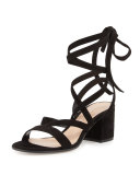 Strappy Suede Ankle-Wrap Sandal, Black
