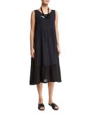Sleeveless Colorblock Tiered Linen Dress, Black/Navy
