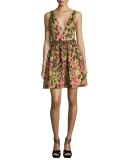 Sleeveless Animal Jacquard Cocktail Dress, Green