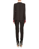 Marie Fringe-Cuff Long-Sleeve Blouse, Black