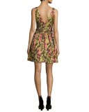 Sleeveless Animal Jacquard Cocktail Dress, Green