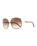 Nerine Oversized Sunglasses with Leather, Gold/Biscuit