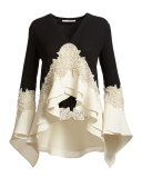 Tiered Georgette Lace-Inset Blouse, Black/Ivory