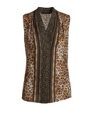 Leopard-Print Sleeveless Silk Blouse, Almond Cream