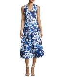 Elisa Pleated Floral Faille Midi Dress, Blue