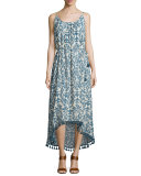 Lena Sleeveless Ikat-Print Midi Dress, Denim/Ecru