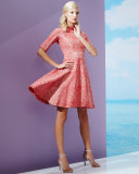 Half-Sleeve Fit-&-Flare Dress, Red
