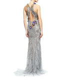 Sleeveless Embroidered Column Gown, Gunmetal