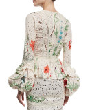 Floral Eyelet Poet-Sleeve Dress, White/Gold