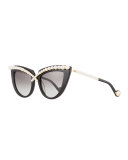Pearl-Studded Cat-Eye Sunglasses, Black