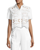 Short-Sleeve Embroidered Muslin Crop Top, White