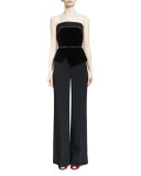Lyon Strapless Peplum Wide-Leg Jumpsuit, Black/Multi