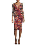 Rose-Print Faux-Wrap Sheath Dress