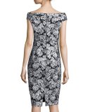 Cap-Sleeve Floral Jacquard Sheath Dress 