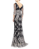 3/4-Sleeve Embroidered Lace Gown, Black