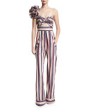 Bahama Striped Floral-Shoulder Jumpsuit, Blue/Pink/White