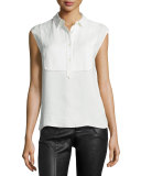 Sleeveless Linen-Blend Tuxedo Shirt, White