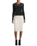 Long-Sleeve Ribbed-Knit Top w/ Floral Macrame Yoke, Black