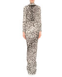 Long-Sleeve Low-Back Jaguar-Print Gown, Gray/Black