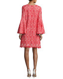 Libby Bell-Sleeve Geometric Lace Cocktail Dress, Bright Red