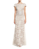 Short-Sleeve Floral Lace Tulle Gown, Latte/Pumice