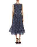 Floral Jeweled-Trim Sleeveless Midi Dress, Slate Blue