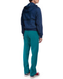 Packable Hooded Leather Jacket, Metallic Blue