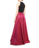 Sleeveless Beaded Jersey & Taffeta Ball Gown, Black/Magenta