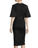 Capelet Front-Slit Sheath Dress, Black