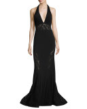 Plunging V-Neck Mermaid Gown w/ Lace Panels