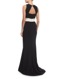 Classic Cady V-Neck Open-Back Gown, Caviar/Alabaster