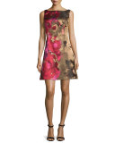 Sleeveless Floral Taffeta Cocktail Dress, Pink/Multicolor