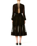 Deep-V Long-Sleeve Silk Dress, Black