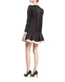 Bicolor Long-Sleeve Drop-Waist Dress, Black