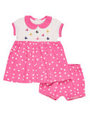 Collared Smocked Polka-Dot Dress w/ Bloomers, Pink, Size 3-24 Months