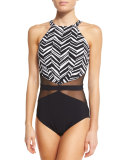 Marble High-Neck One-Piece Swimsuit, Black/White, Plus Size