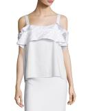 Tiered-Ruffle Cold-Shoulder Top, Chalk
