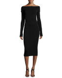 Off-the-Shoulder Long-Sleeve Sheath Dress, Black