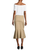 Belted Flounce Midi Skirt, Tan