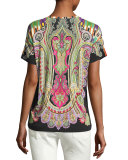 Ikat-Trim Paisley V-Neck Tee, Black/Multi