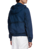 Packable Hooded Leather Jacket, Metallic Blue