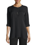 Keyhole-Front Long-Sleeve Silk Blouse