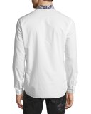 Woven Shirt with Snakeskin-Print Collar, White 