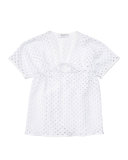 Short-Sleeve Netted Swim Coverup, White, Size 8-14