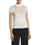 Carla Embellished Lace-Yoke Cap-Sleeve Sweater, Cream