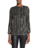 Evvy Sequined Tie-Back Silk Blouse, Black/Silver/Black