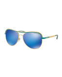 Metal Mirrored Aviator Sunglasses, Gold/Turquoise