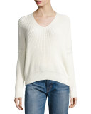 1/2-Cardigan Stitch V-Neck Sweater, Off White