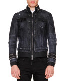 Zipper-Trim Stretch Denim Jacket, Black